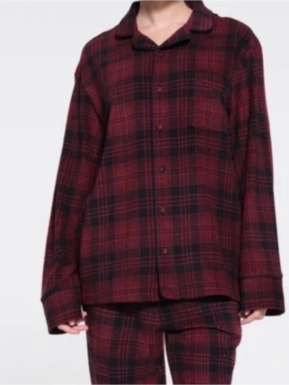 SKIMS Fleece Sleep Shirt Wine Plaid S NWT Unisex Pajama Top